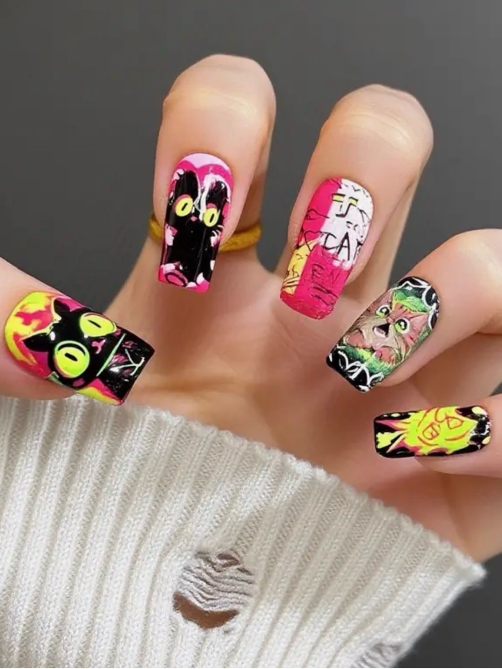 Bold Neon Cat Art Press-On Nails